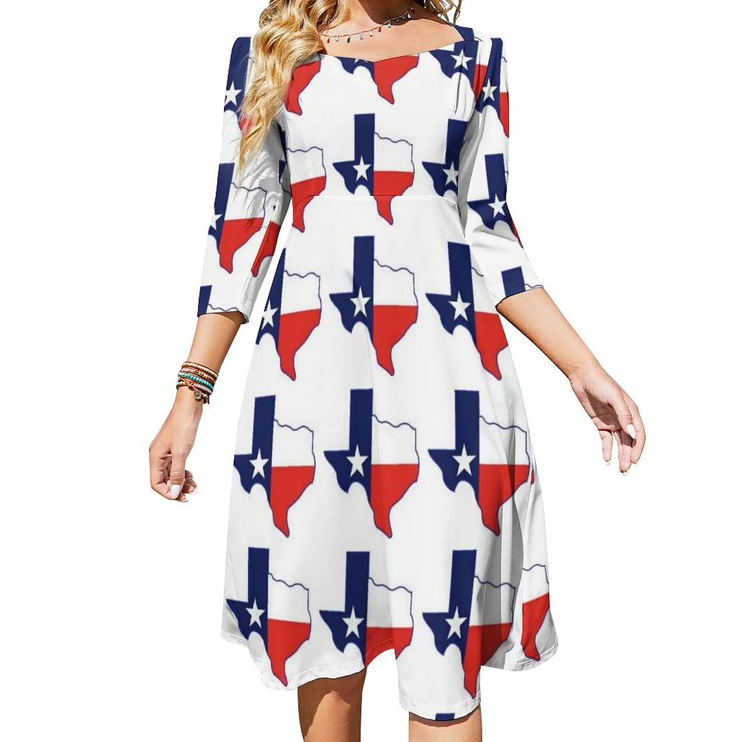 Map Of Texas Dress Sweetheart Tie Back Flared 3/4 Sleeve Midi Dresses