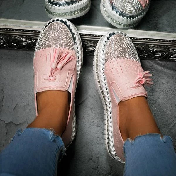Women Trendy Sparkle Rhinestones Tassel Slip On Platform Loafers -loafers