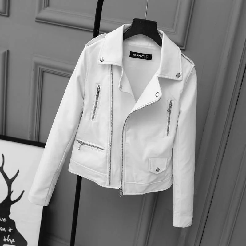 Fitaylor 2021 New Spring Autumn Women Biker Leather Jacket Soft PU Punk Outwear Casual Motor Faux Leather White Jacket