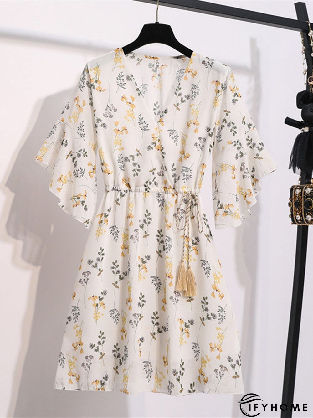 Spring Summer Chiffon Women V-Neck Floral Print Short Dresses Sweet Ruffle Sleeeve Slim Drawstring Ladies Dress | IFYHOME