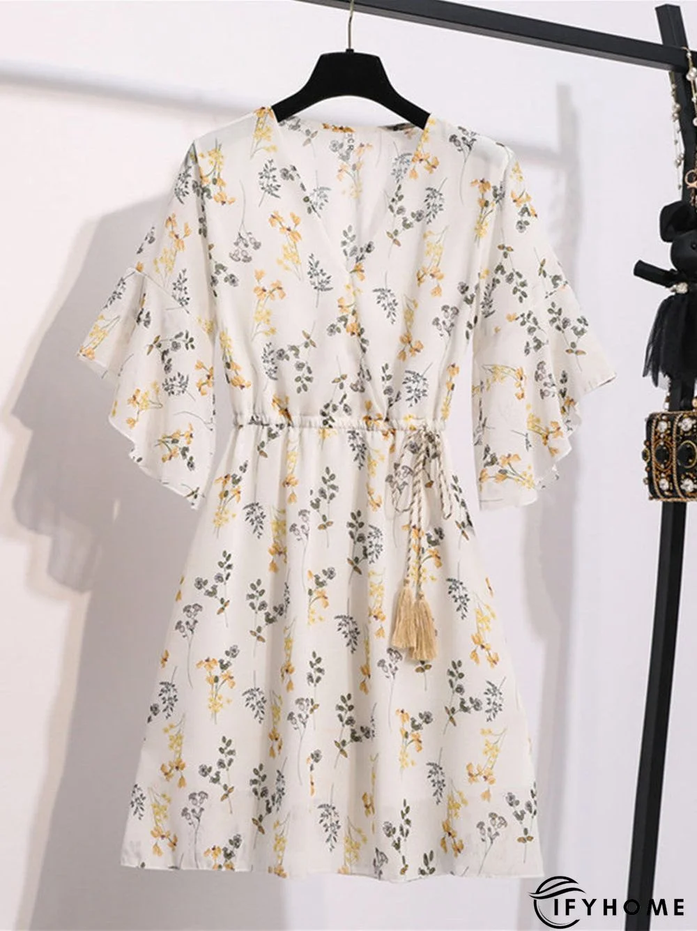 Spring Summer Chiffon Women V-Neck Floral Print Short Dresses Sweet Ruffle Sleeeve Slim Drawstring Ladies Dress | IFYHOME