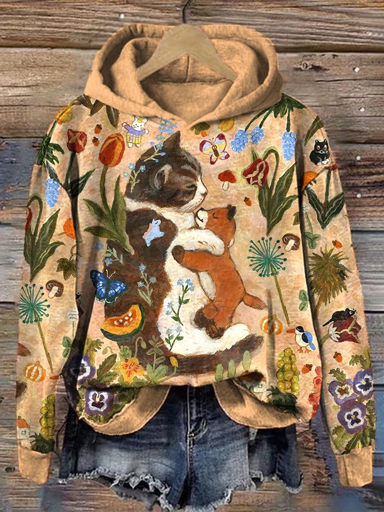 Vintage Oil Painting Art Cat Pattern Cozy Hoodie