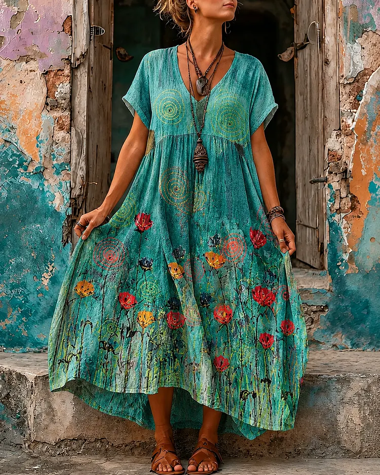 Women's Vacation Linen Boho Floral Print V-Neck Short Sleeve Maxi Dress