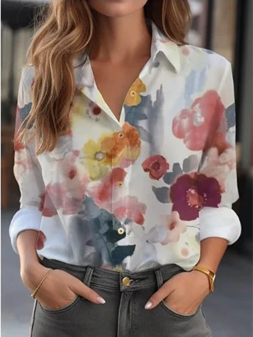 Women's Long Sleeve Shirt Collar Floral Printed Graphic Tops