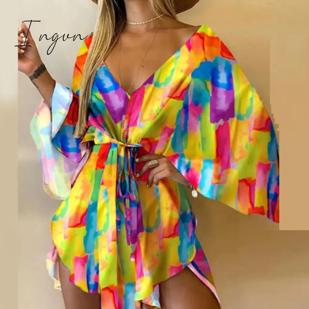 Ingvn - Summer Outfits Casual Leaf Leopard Print Harajuku Batwing Sleeve Dress Lady Elegant Lace -