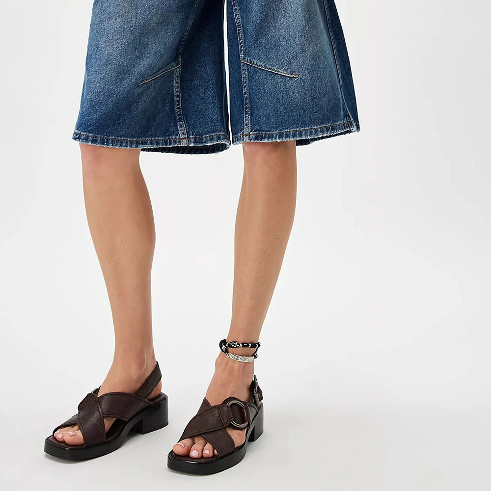 Dark Brown Open Toe Chunky Heel Buckle Strap Platform Women's Sandals