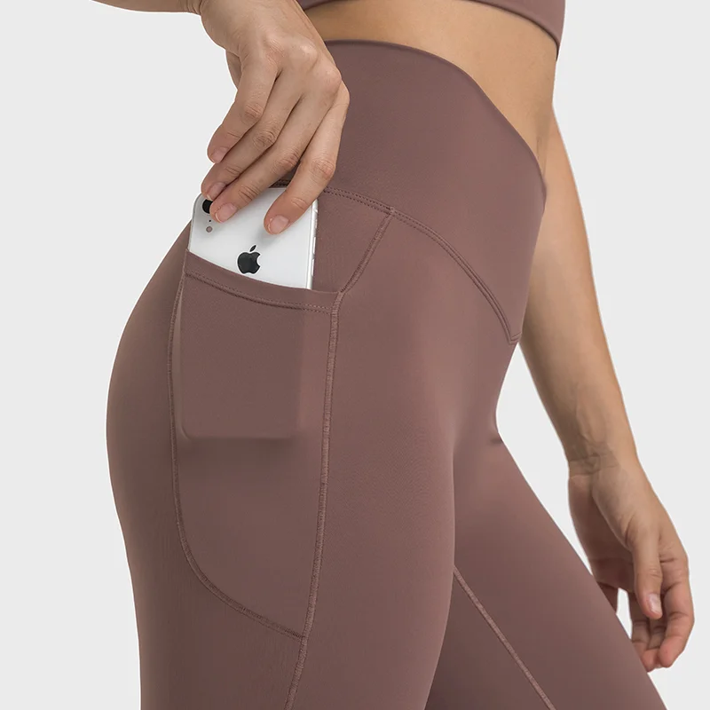 Hergymclothing Smoky Brown no front seam high waist criss cross capri leggings with side pockets online shopping