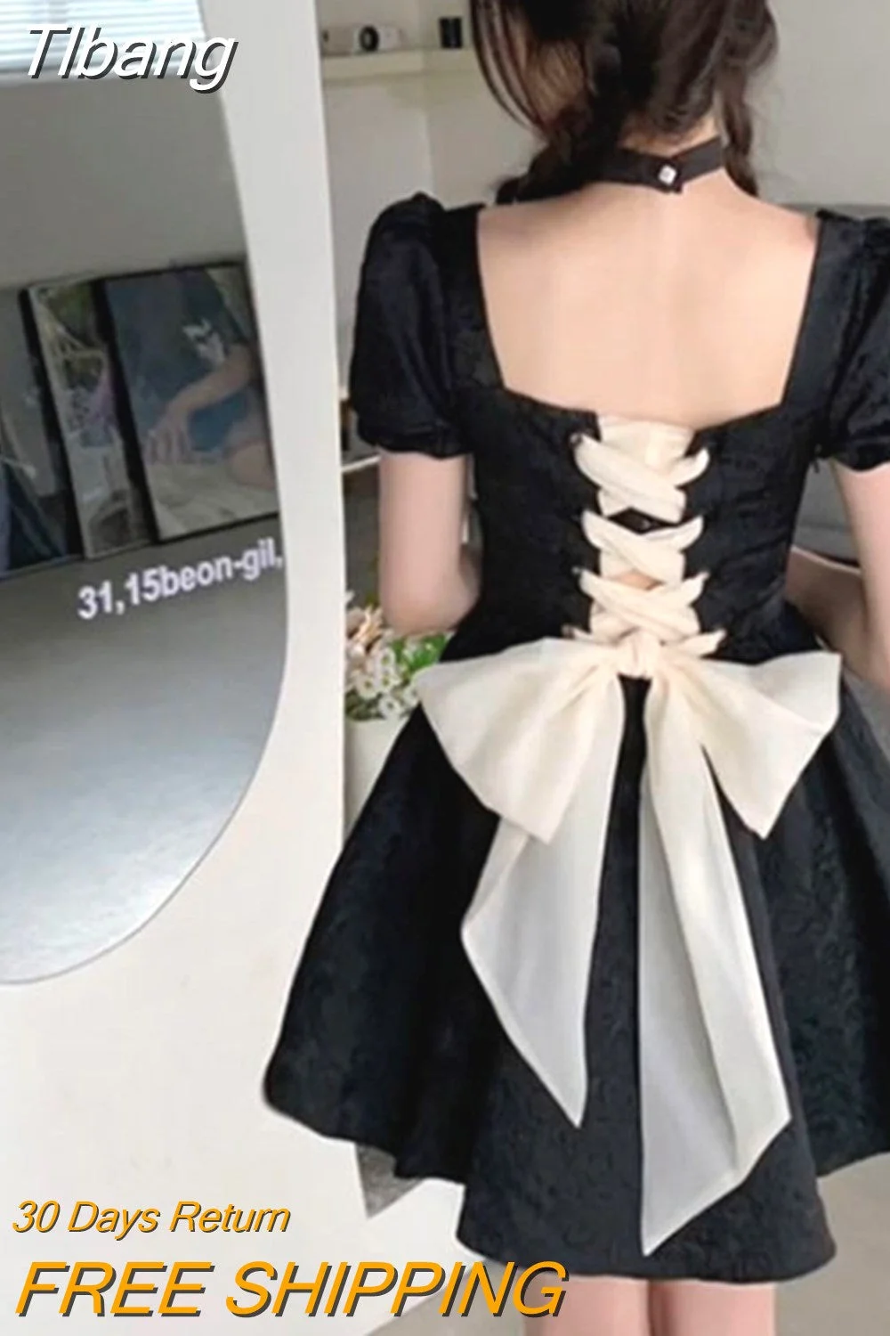 Tlbang Backless Lolita Gothic Dress Women Bow Puff Sleeve Kawaii Party Mini Dress Female Casual Korean Fashion Sweet Dress 2023