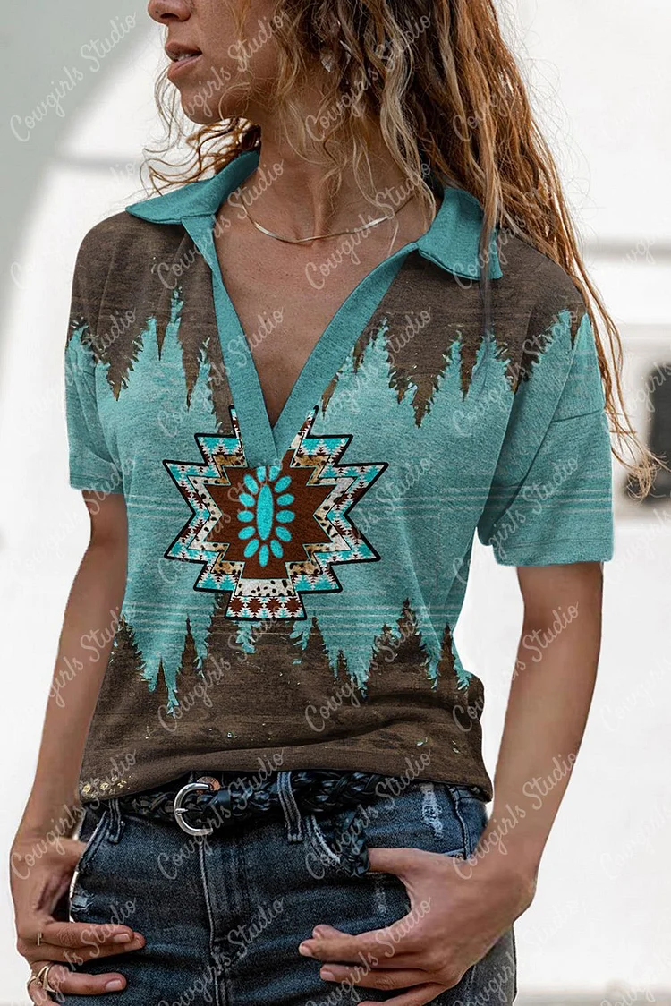 V-Neck Western Style Ladies Print Top