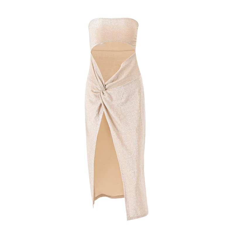 Brownm Brownm New 2023 Summer Hot Sexy One-Word Shoulder Fake Two-Piece High Waist Slit Strapless Dress