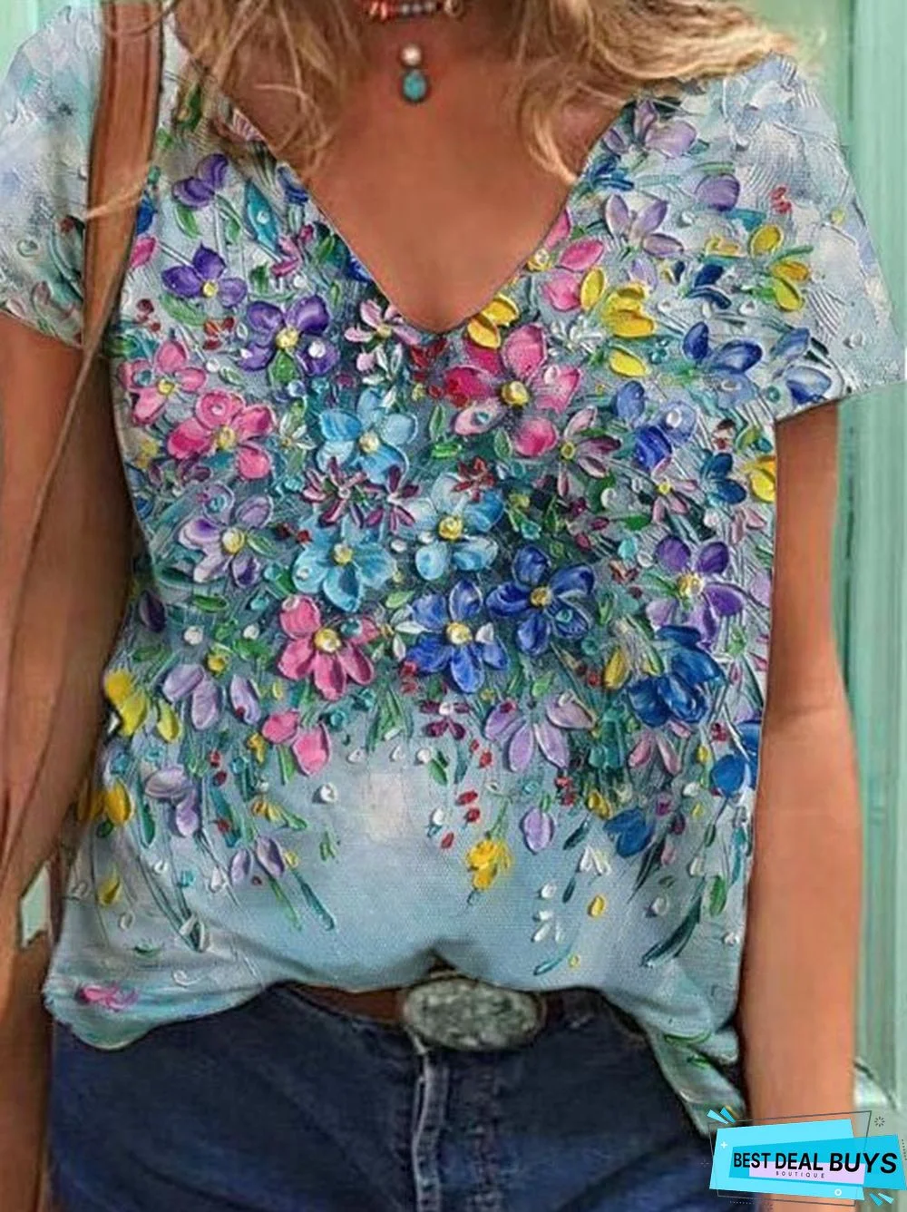 Cotton-Blend Loose Floral V Neck T-Shirts