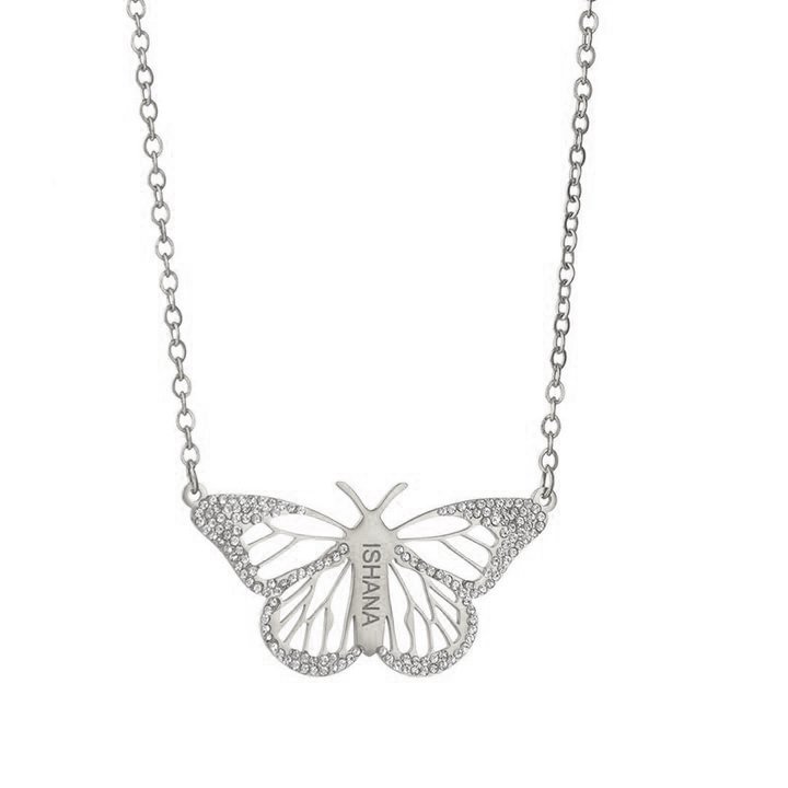 Name Diamond Cutout Butterfly Dream Memorial Engraved Necklace