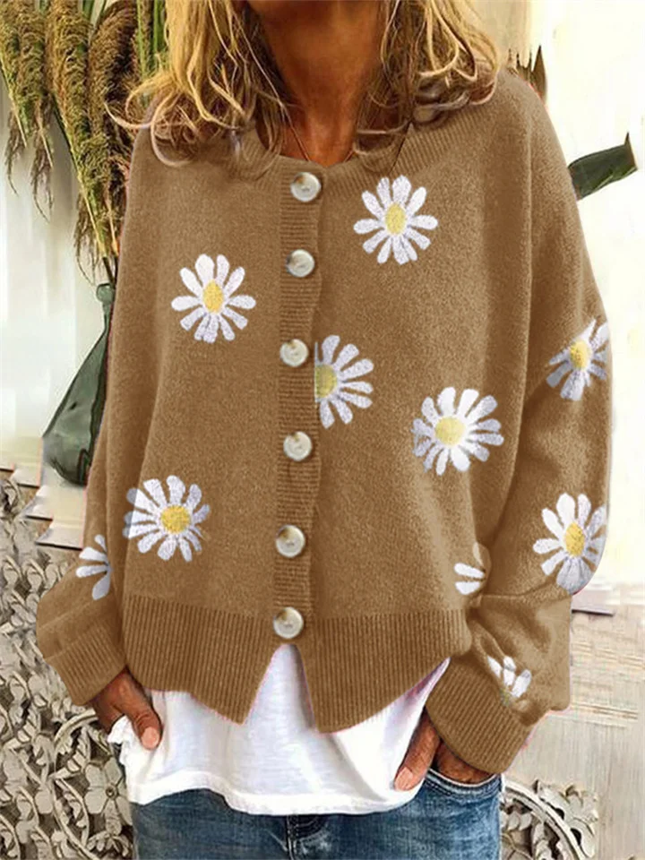 Autumn and Winter New Loose Sweater Ms. Small Autumn Chrysanthemum Embroidery Needle Cardigan Women's Clothing | 168DEAL