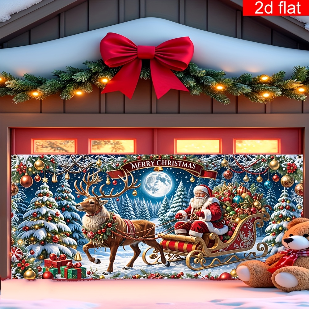 Tegooe Extra Large Christmas Garage Door Mural Banner - Santa Reindeer Sleigh Scene Backdrop for Holiday Outdoor Decoratio...