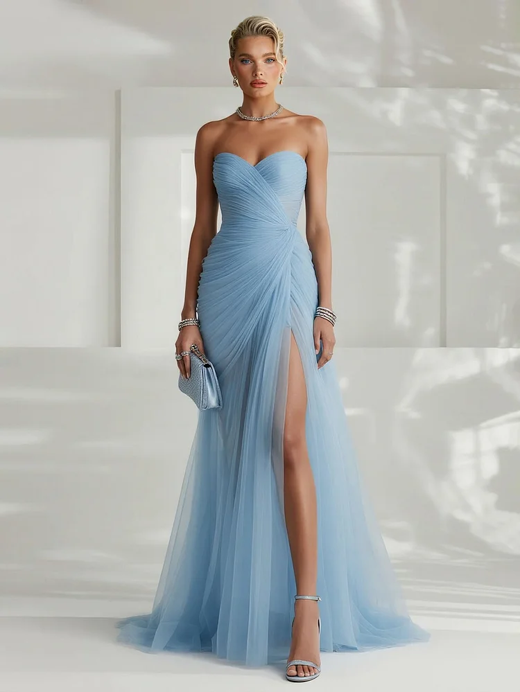 Elegant Strapless Pleated Tulle Maxi Dress
