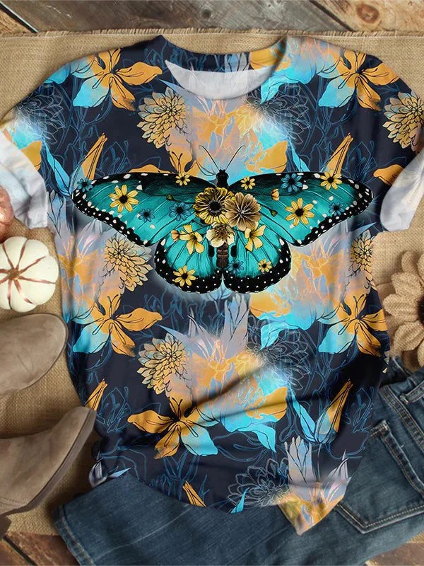 Loose Butterfly Printed Short Sleeve Top