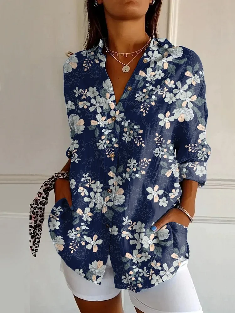 Japanese Sakura Blossom Art Print Casual Long-sleeved Shirt