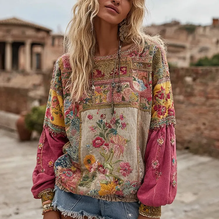 Women's Vintage Bohemian Floral Embroidery Patchwork Art Round Neck Long Sleeve Linen Blend T-shirt