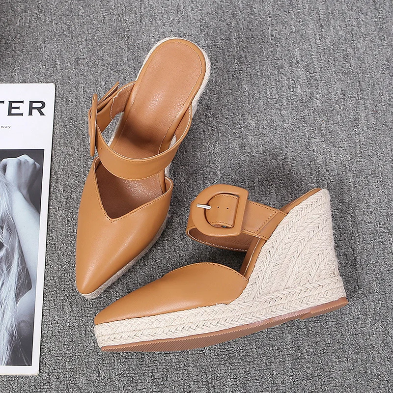 Wongn Wongn Platform New Summer Baotou Drag One Word Button Women's Shoes High Heel Grass Hemp Rope Bottom Large Size Shoes