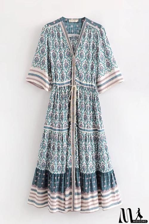 MidiSono - Print V Neck Short Sleeve Maxi Dress