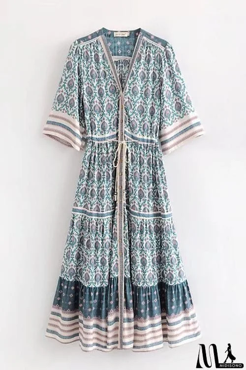 MidiSono - Print V Neck Short Sleeve Maxi Dress