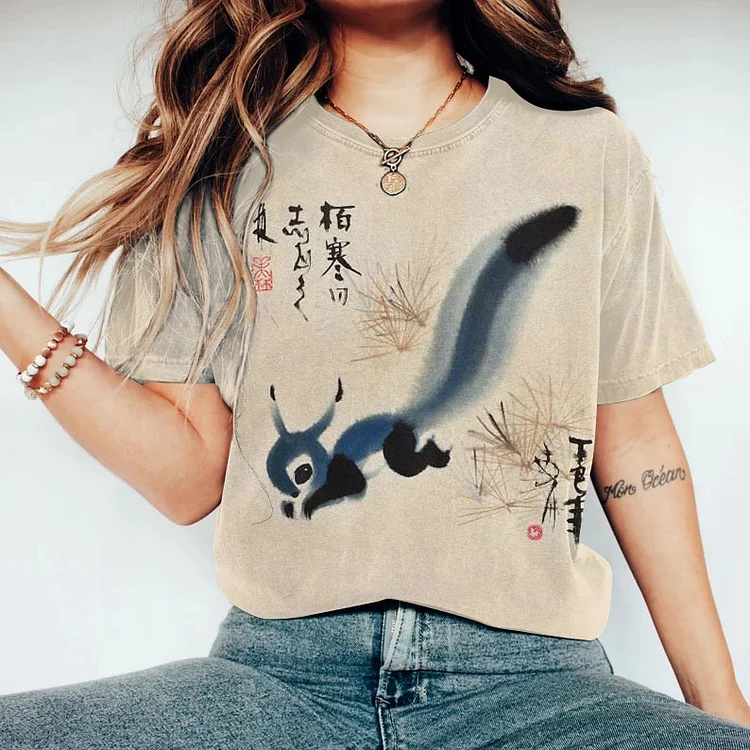 Vintage Farm Squirrel Round Neck Casual T Shirt