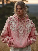 Women's Pink Flower Embroidery Art Long Sleeve Hoodie