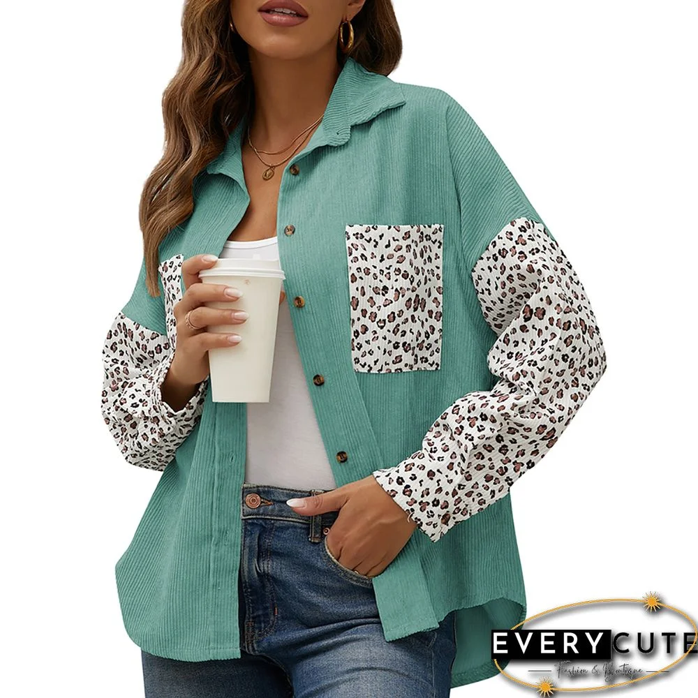 Green Contrast Leopard Corduroy Button Down Shirt