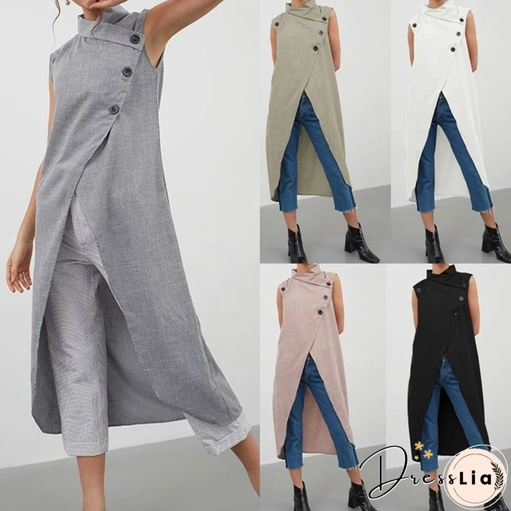 Fashion Womens Sleeveless Blouse Tank Long Top Irregular Hem Casual Vest Shirt Dress Plus Size S-5XL