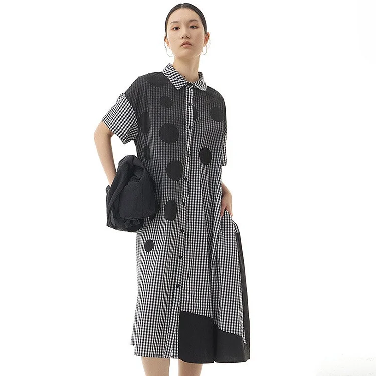 Fashion Loose Turn-down Collar Dot Gradient Printed Asymmetric Patchwork Short Sleeve Dress