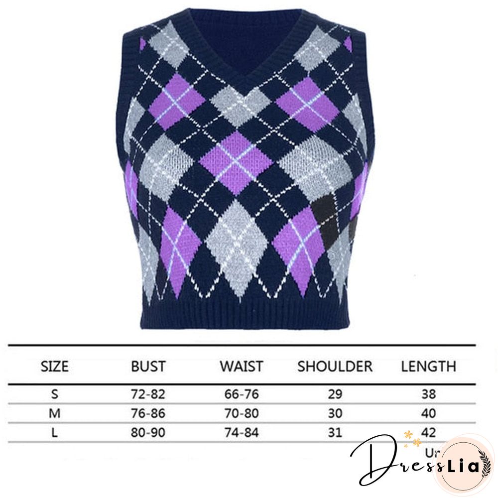 V Neck Vintage Argyle Sweater Vest Women Black Sleeveless Plaid Knitted Crop Sweaters Casual Autumn Preppy Style tops