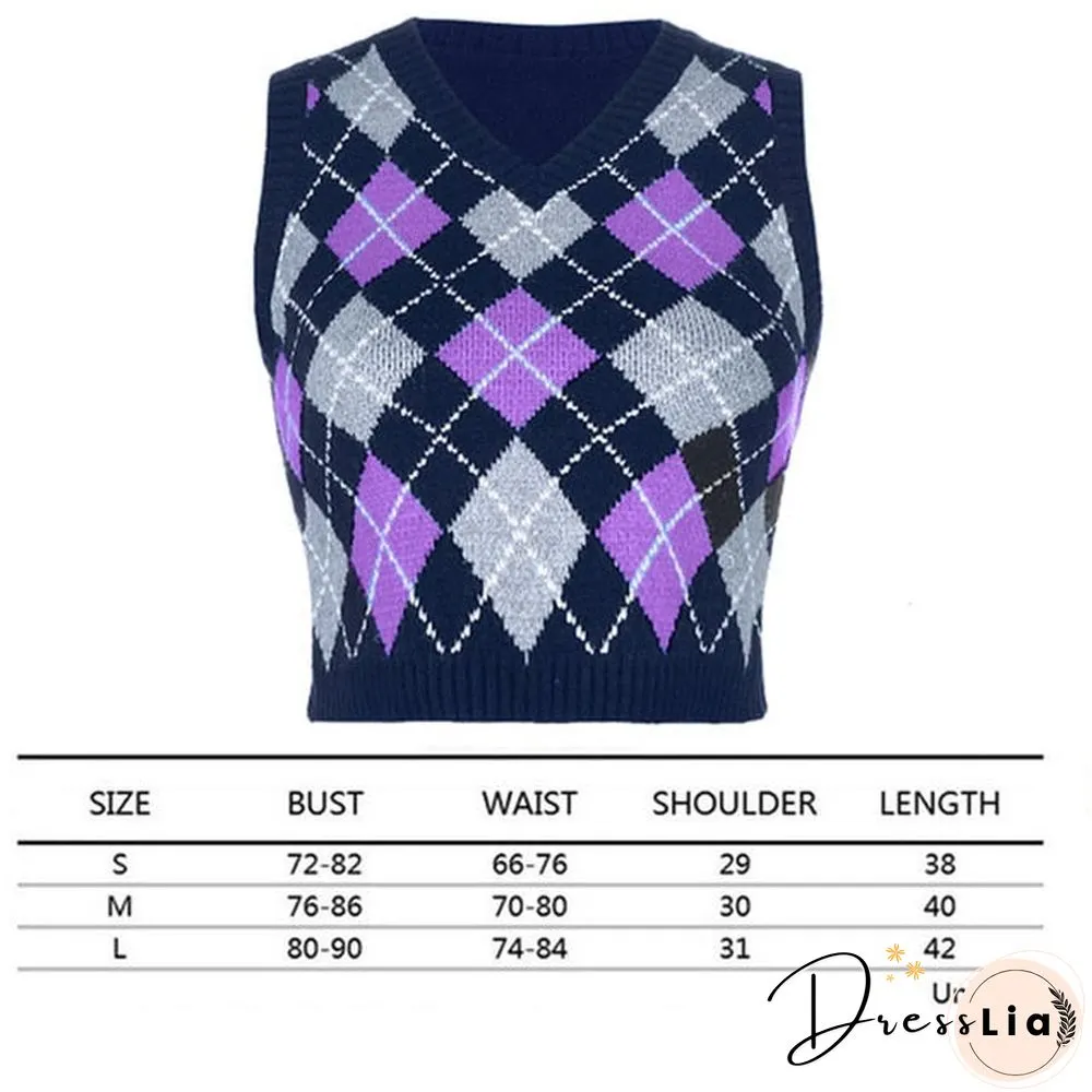 V Neck Vintage Argyle Sweater Vest Women Black Sleeveless Plaid Knitted Crop Sweaters Casual Autumn Preppy Style tops