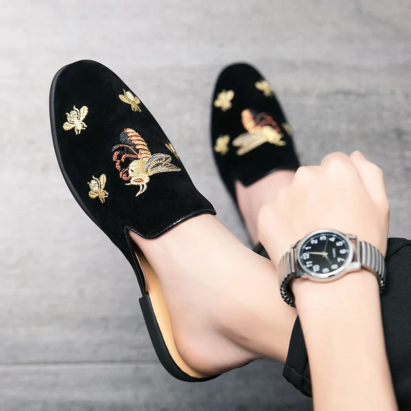 Embroidery Suede Leather Mules Men Shoes Casual Summer Slip-On Loafers Slippers On Backless Half Shoe For Men Mule Masculino