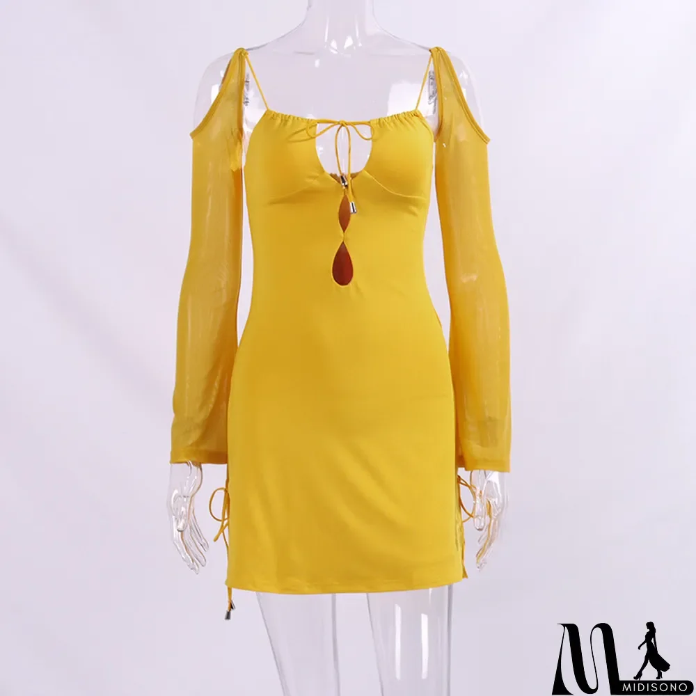 MidiSono - Women Long Sleeve Lace Up Hollow Out Long Sleeve Dress