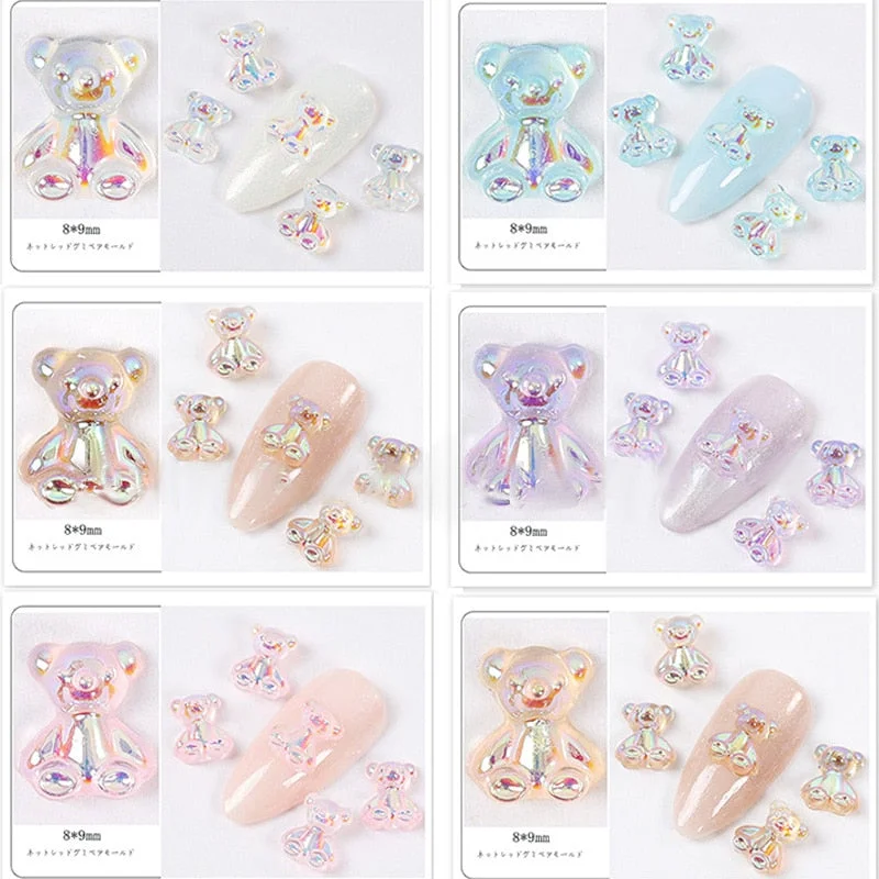 48pcs Mixed Size Aurora Little Bear Nail Art Accessories Resin Kawaii Bear Stereo FlatBack 3D Fashion Fingernail DIY Decoration-Nail Inspo