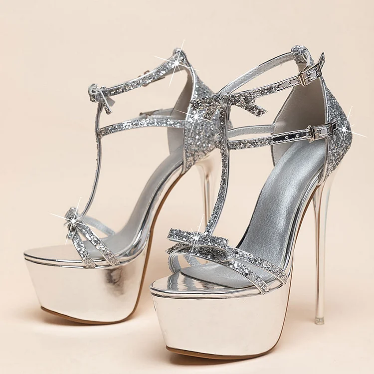 Silver Platform High Heel Shoes Ankle Strap Bow Sandals Glitter Heels |FSJ Shoes