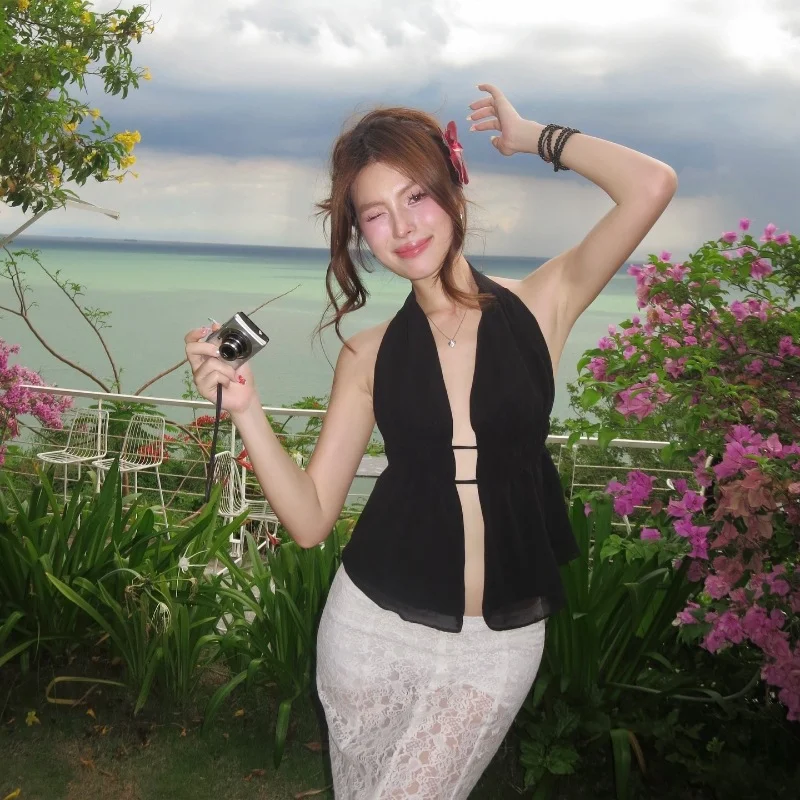 Uveng Uveng Women's Wear 2024 Summer New Fashion Sexy Solid Color Back Strap Hollow Out Slim Neck Top