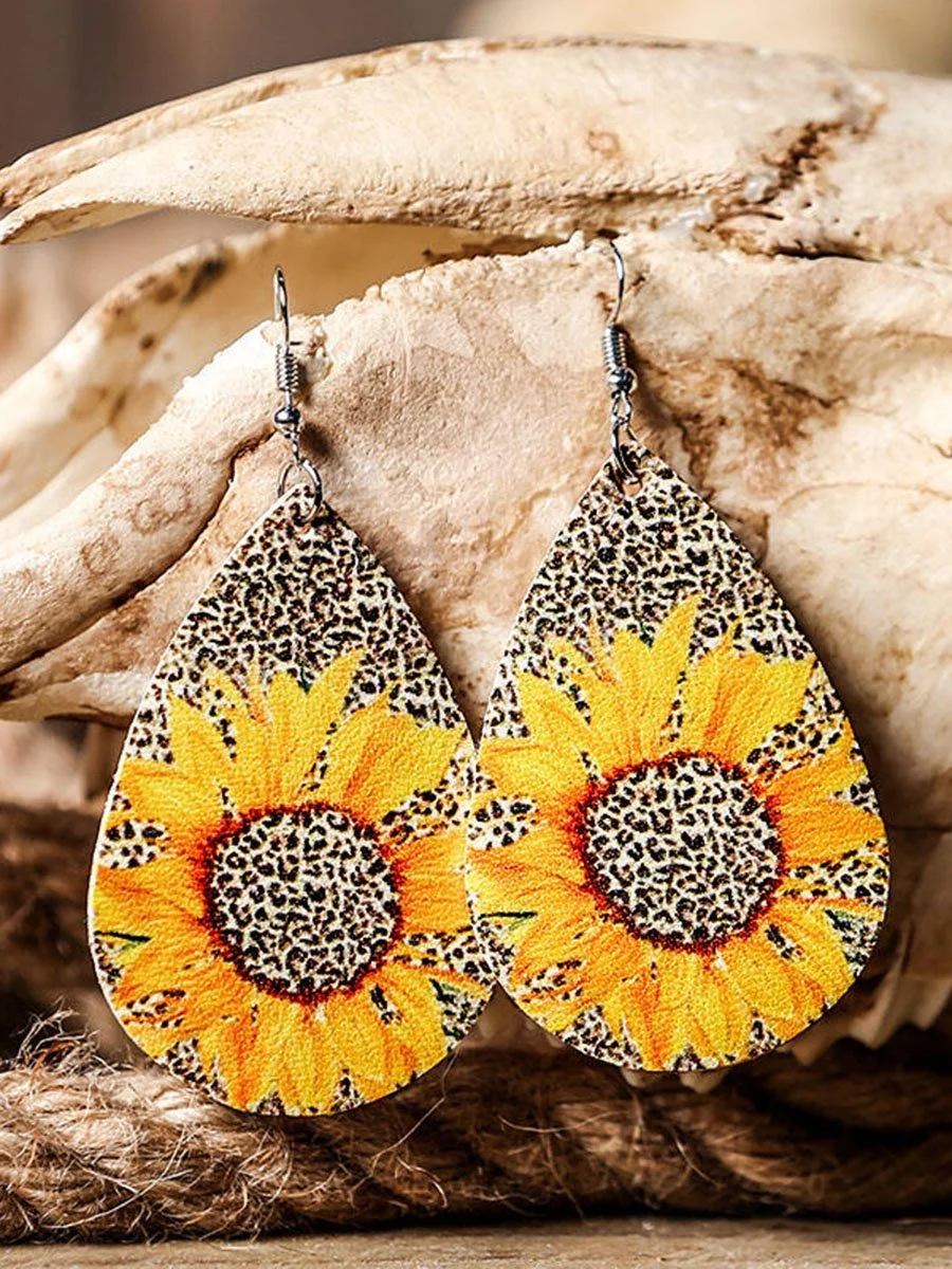 Leopard Sunflower Leather Earrings