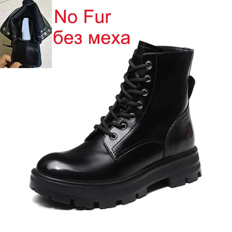 Meotina Women Genuine Leather Motorcycle Boots Round Toe Lace Up Shoes Thick Med Heel Ladies Ankle Boots 2021 Autumn Winter 40