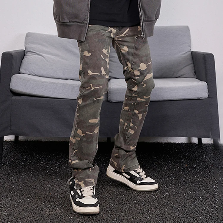 Sopula Men's High Street Retro Distressed Style Camouflage Slit Flared Pants