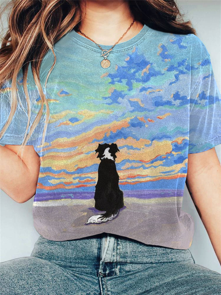 Comstylish Women's Casual Collie Oil Painting Printing T-shirt