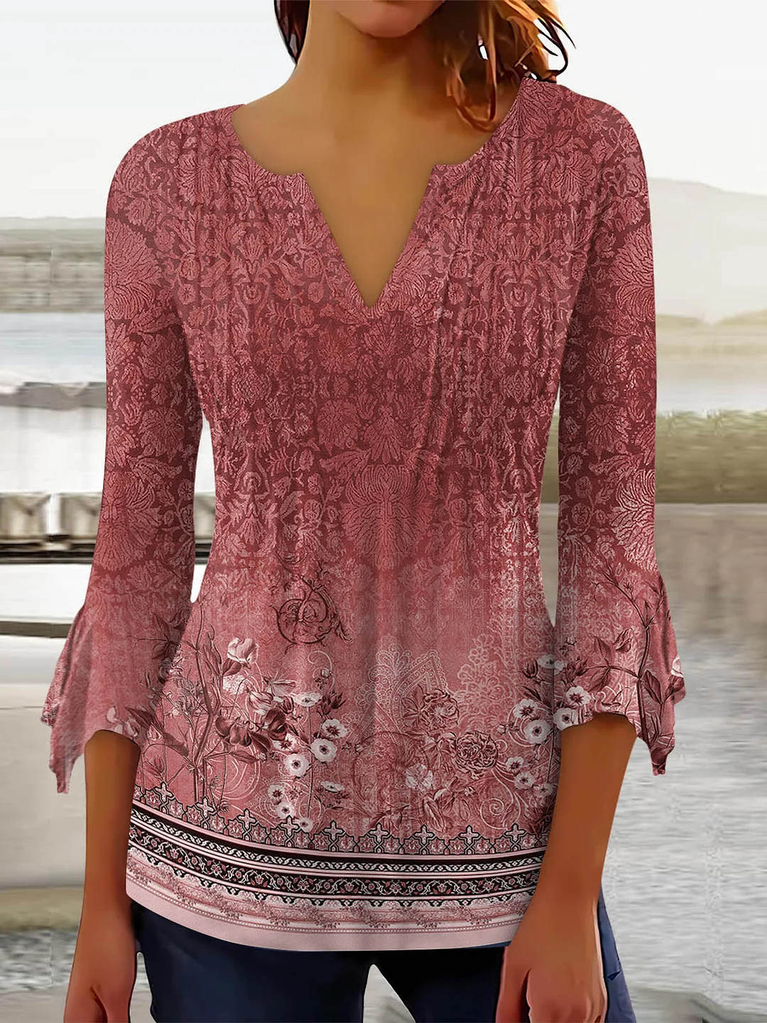 Women's Graphic Floral Printed Sequins V-Neck Long Sleeved Top