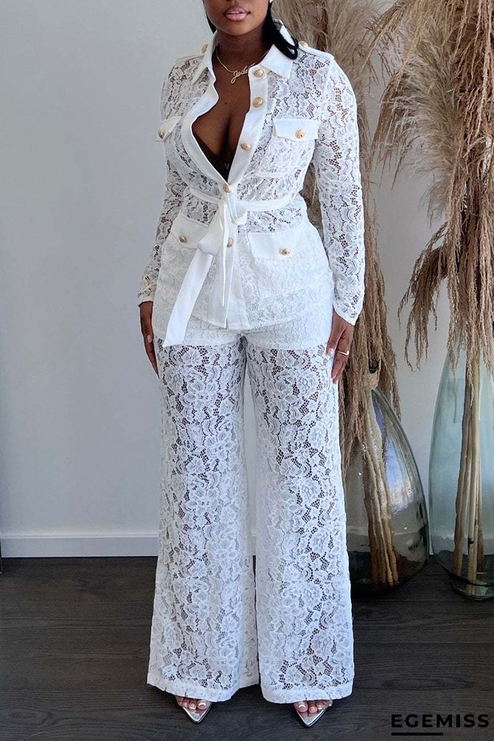 White Sexy Solid Patchwork Buckle See-through Turndown Collar Long Sleeve Two Pieces | EGEMISS