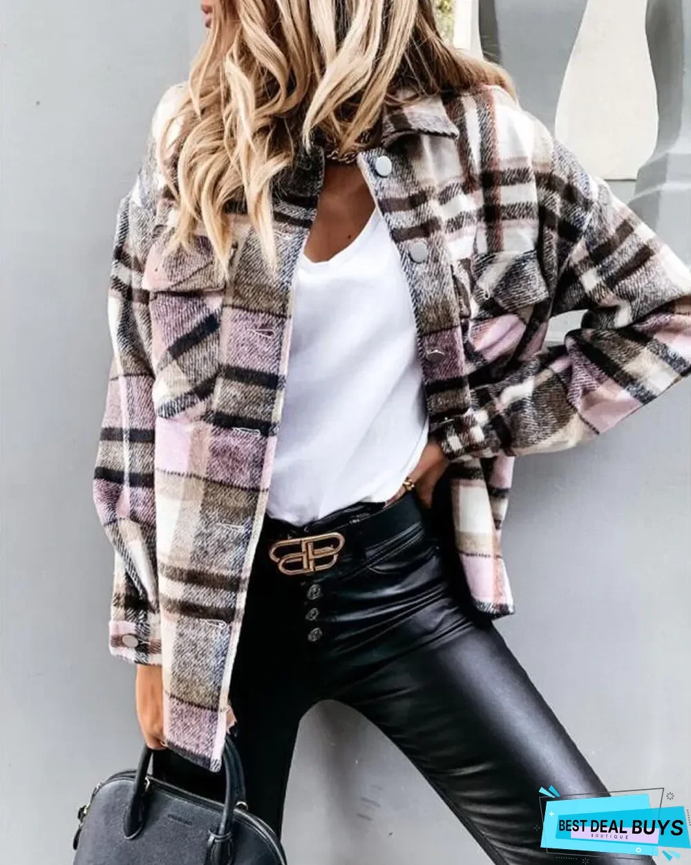 Plaid Print Button Front Long Sleeve Shacket