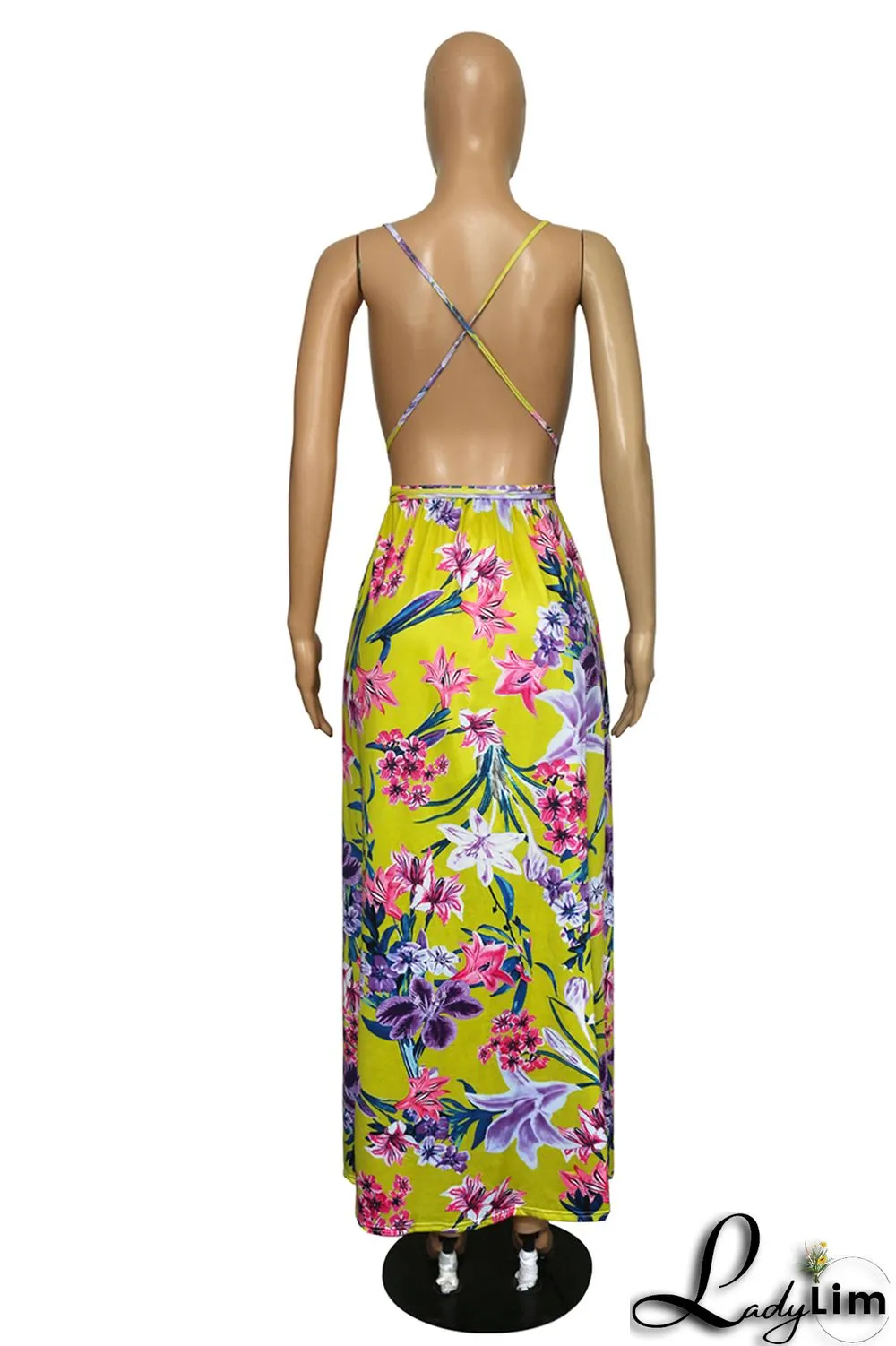 Black Fashion Sexy Plus Size Print Bandage Backless Slit Spaghetti Strap Long Dress