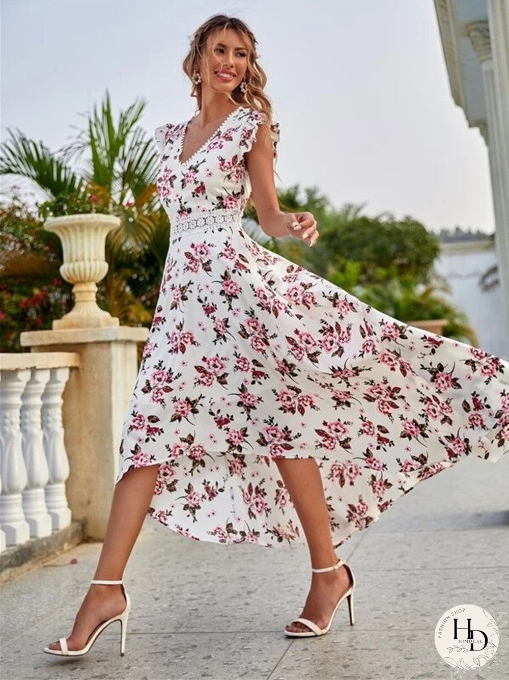 New Ladies Printed Sleeveless Skirt Fashion Temperament Lace V-neck High Waist Dress Bohemian Wind Beach Sundress Dresses Women
