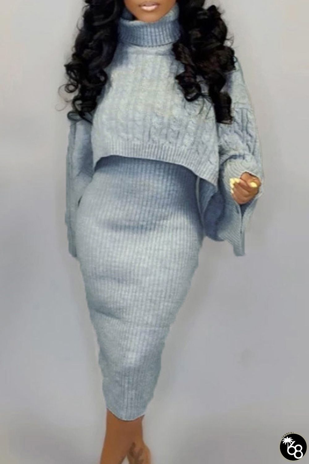 Grey Elegant Solid Patchwork Turtleneck Long Sleeve Two Pieces | 168DEAL