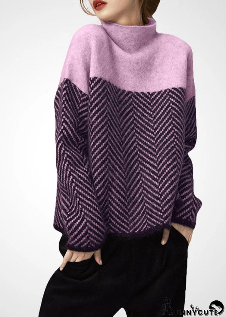 Art Purple High Neck Oversized Patchwork Wool Short Sweater Winter