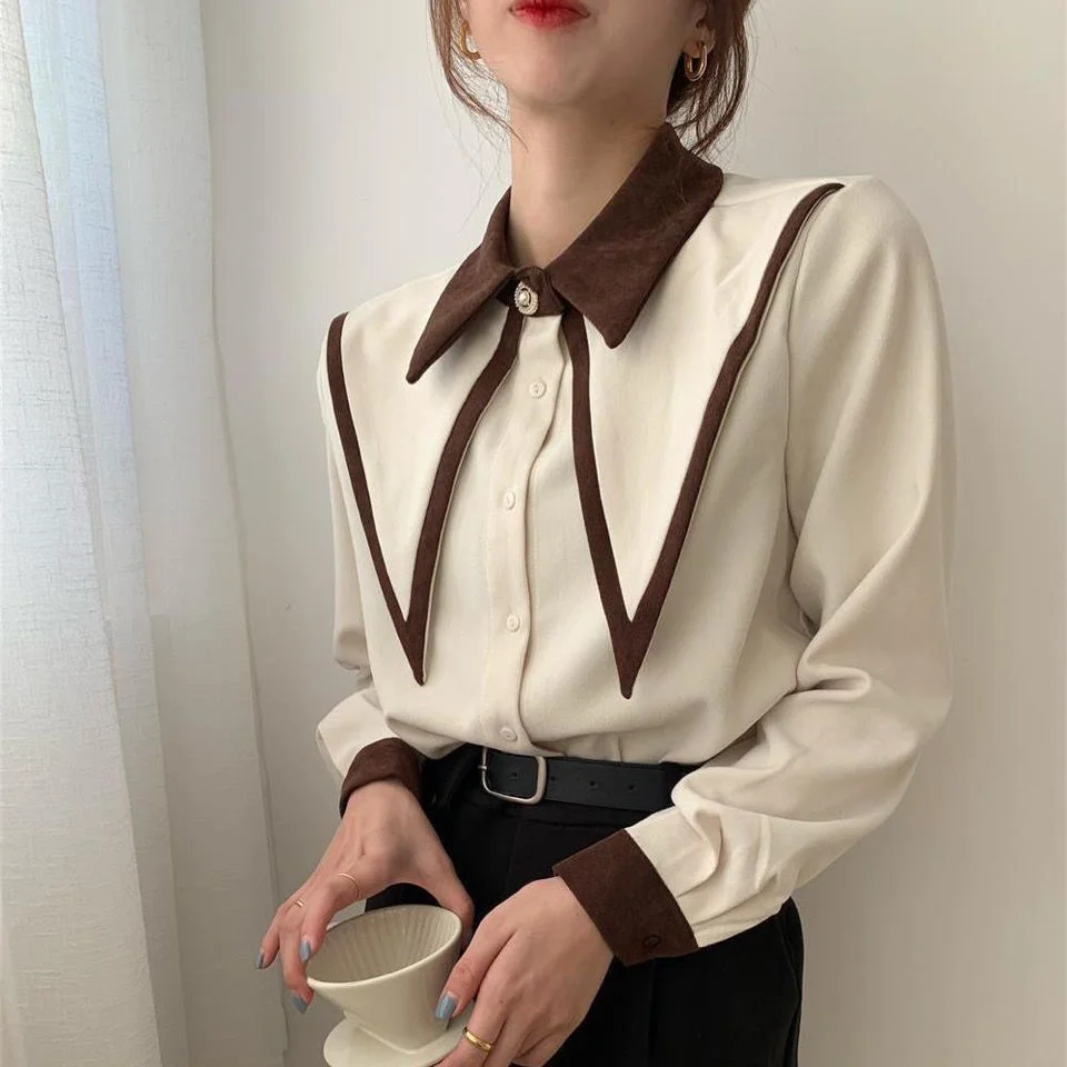 Jangj Chiffon Single Breasted Spring Autumn Long Sleeve Women Shirt Button Patchwork Office Lady Tum-down Collar Women's Clothing