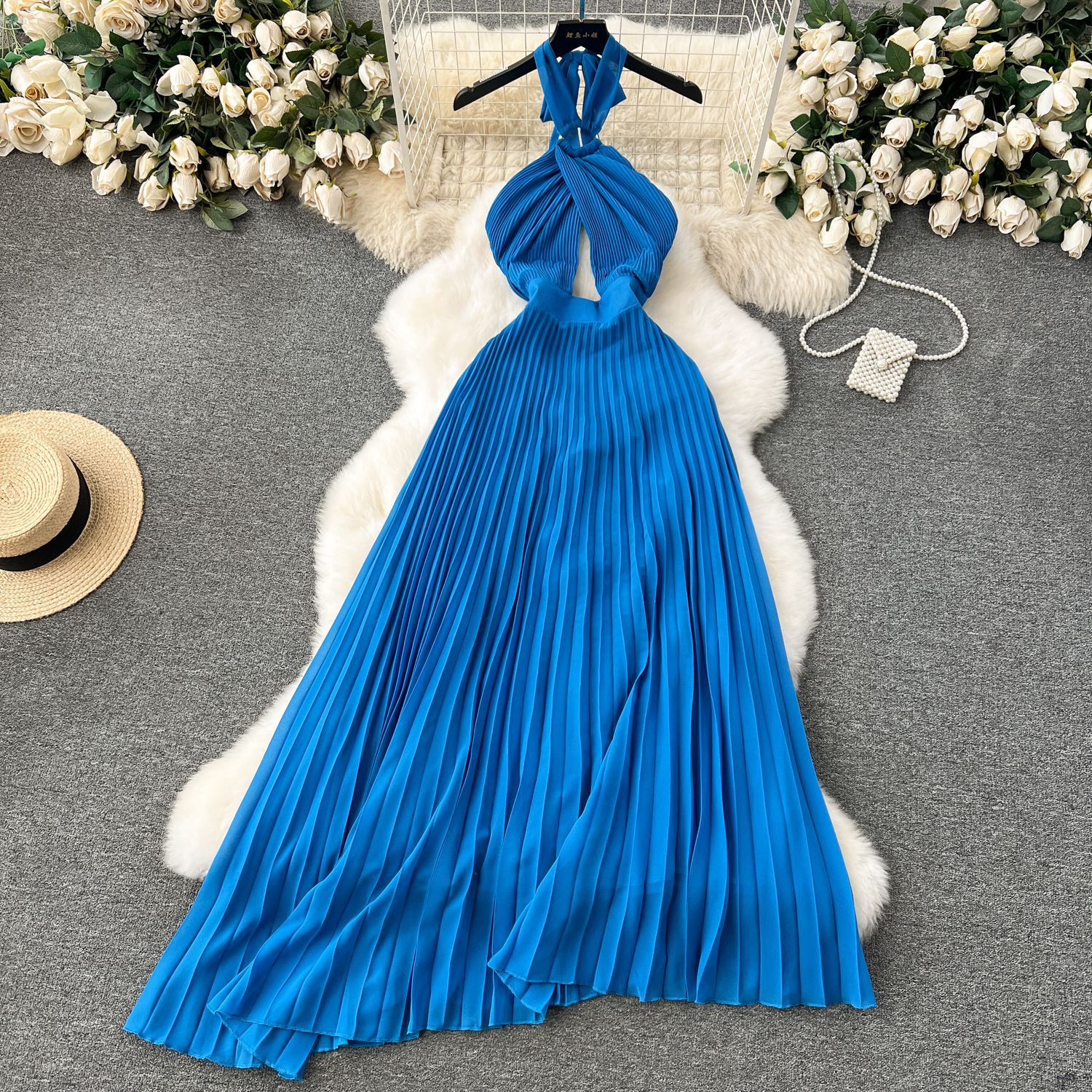 Kanonion Pleated Dress Women Long Dresses Halter Beach Sexy A Line Vestidos Streetwear Backless Sleeveless Elegant Splice Y2k 2025 Party